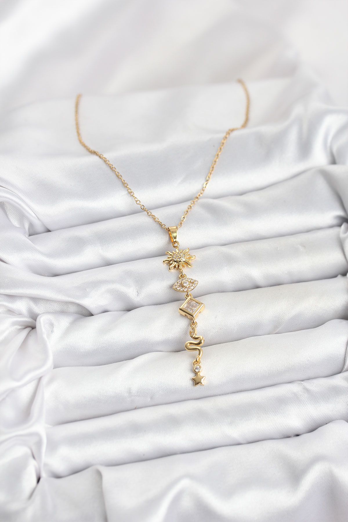 316L Çelik Zincir Gold Renk Güneş ve Enerji Model Kadın Y Kolye - TJ-BKO10668