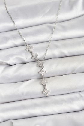 316L Çelik Zincir Gümüş Renk Yonca Model Kadın Kolye - TJ-BKO10675