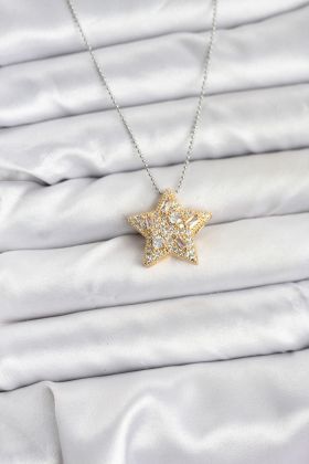 316L Çelik Zincir Gümüş Renk Zincirli Gold Yıldız Model Kadın Kolye - TJ-BKO10679