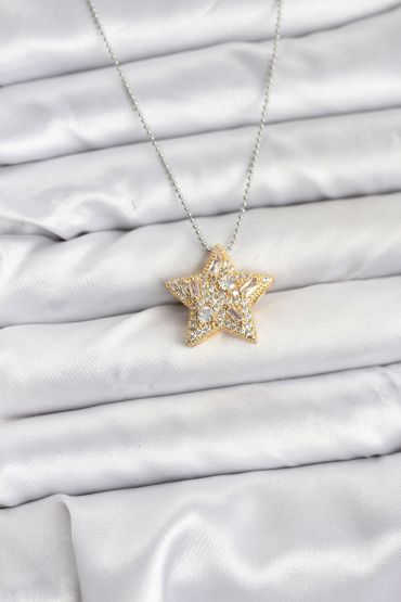 316L Çelik Zincir Gümüş Renk Zincirli Gold Yıldız Model Kadın Kolye - TJ-BKO10679