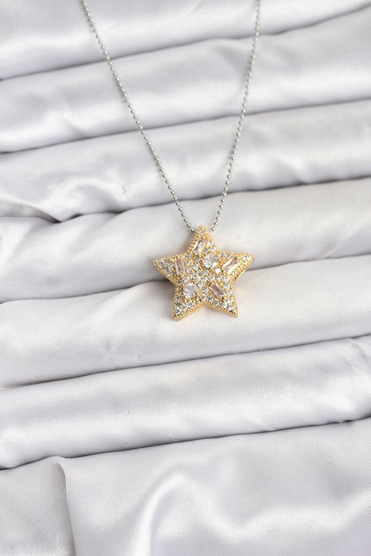 316L Çelik Zincir Gümüş Renk Zincirli Gold Yıldız Model Kadın Kolye - TJ-BKO10679