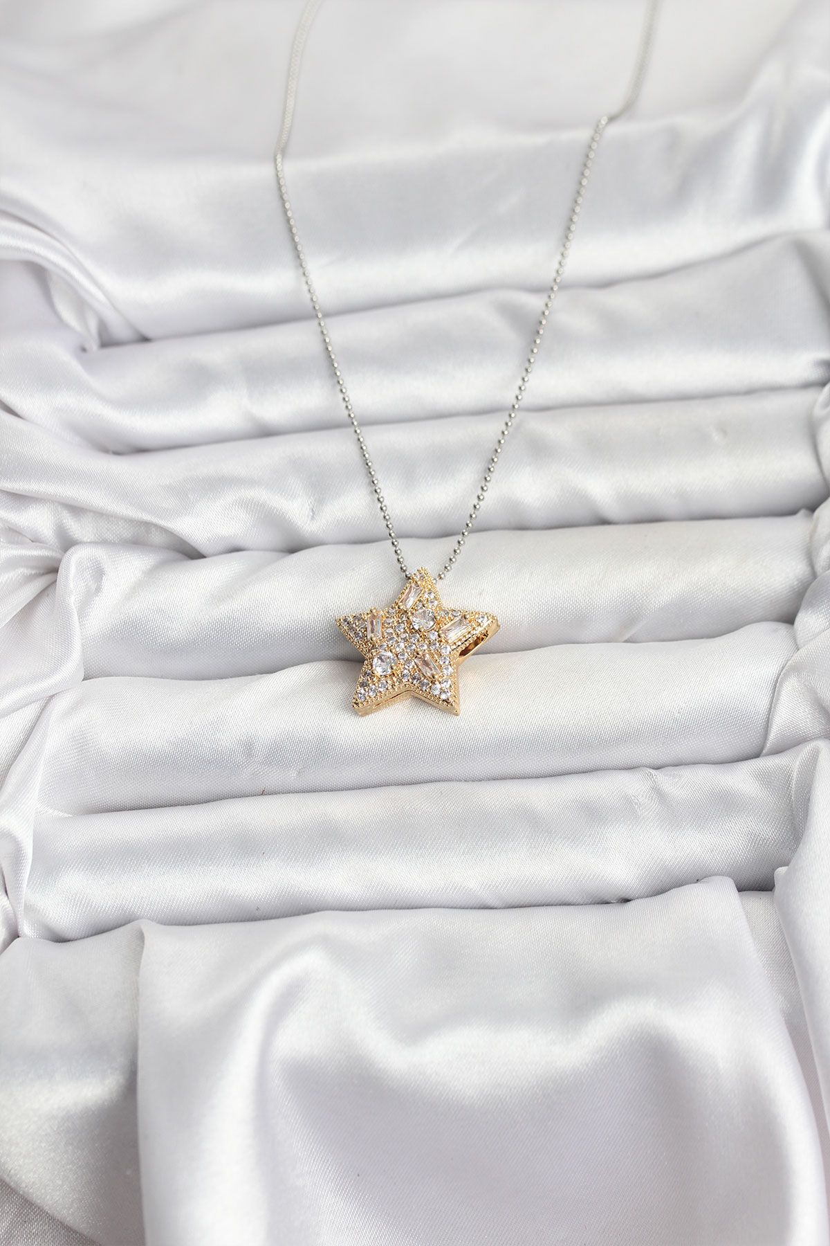 316L Çelik Zincir Gümüş Renk Zincirli Gold Yıldız Model Kadın Kolye - TJ-BKO10679