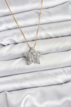 316L Çelik Zincir Gold Renk Zincirli Gümüş Yıldız Model Kadın Kolye - TJ-BKO10680