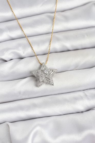 316L Çelik Zincir Gold Renk Zincirli Gümüş Yıldız Model Kadın Kolye - TJ-BKO10680