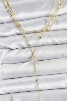 Pirinç Gold Renk Kutup Yıldızı Detaylı 3'lü Kombin Kadın Kolye - TJ-BKO10689