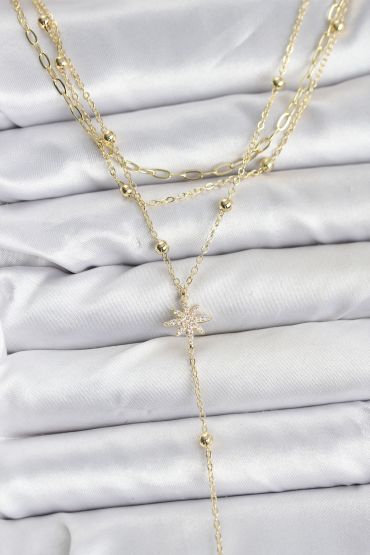 Pirinç Gold Renk Kutup Yıldızı Detaylı 3'lü Kombin Kadın Kolye - TJ-BKO10689