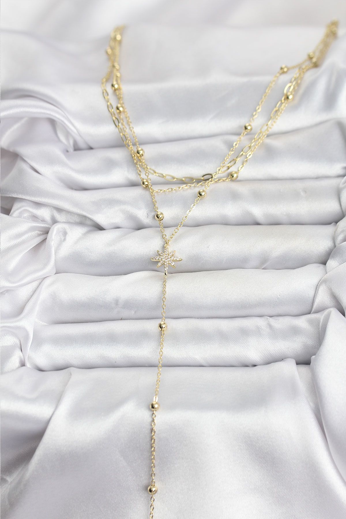 Pirinç Gold Renk Kutup Yıldızı Detaylı 3'lü Kombin Kadın Kolye - TJ-BKO10689