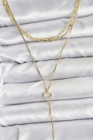 Pirinç Gold Renk Kalp Detaylı 3'lü Kombin Y Kadın Kolye - TJ-BKO10690