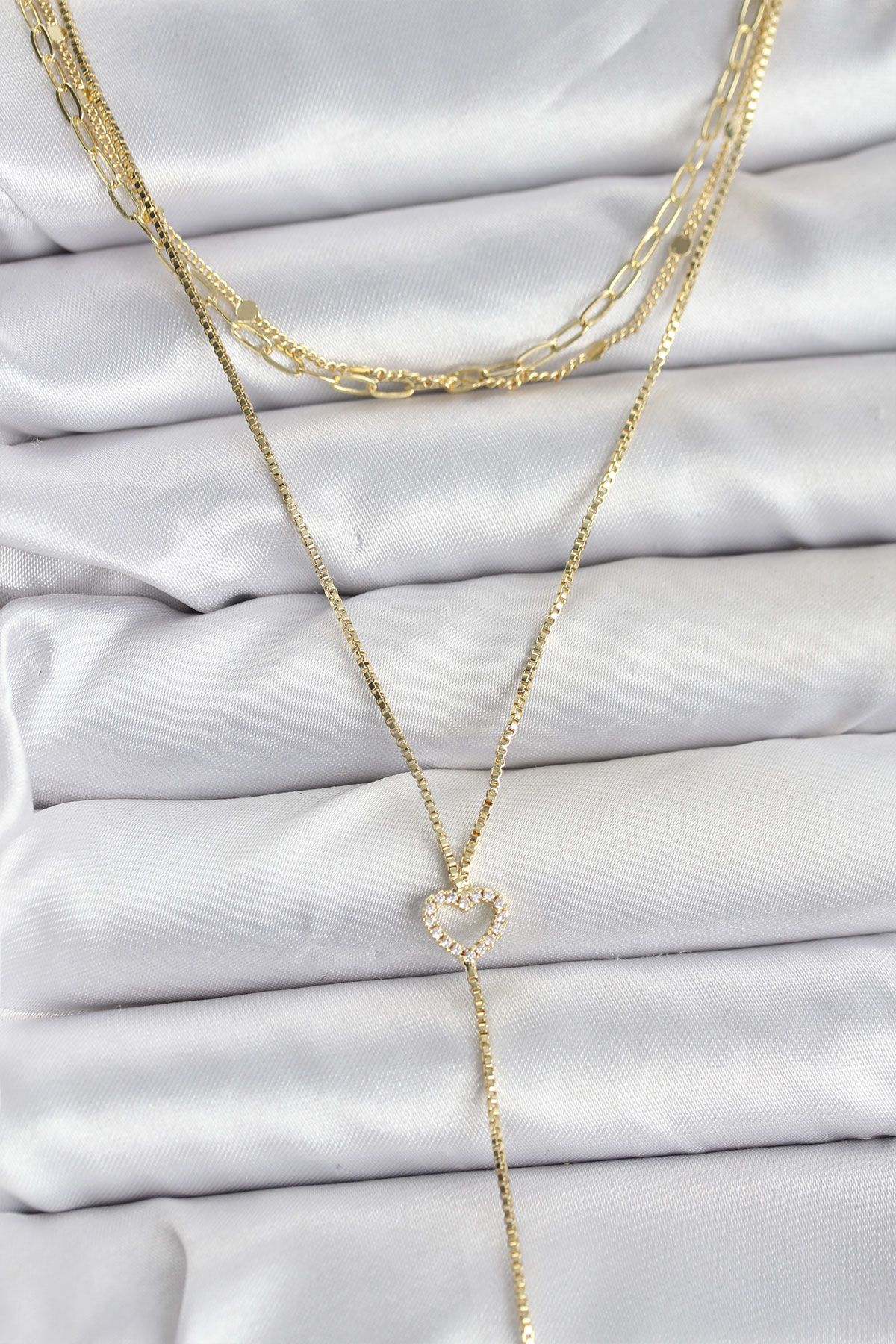 Pirinç Gold Renk Kalp Detaylı 3'lü Kombin Y Kadın Kolye - TJ-BKO10690