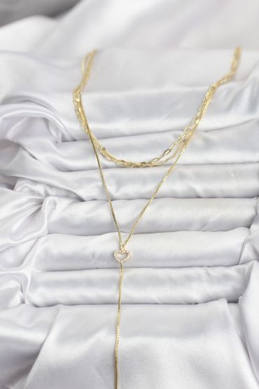 Pirinç Gold Renk Kalp Detaylı 3'lü Kombin Y Kadın Kolye - TJ-BKO10690