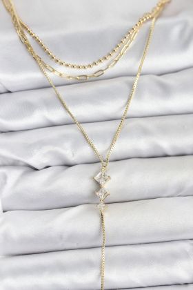 Pirinç Gold Renk Zirkon Taş Detaylı 3'lü Kombin Y Kadın Kolye - TJ-BKO10691