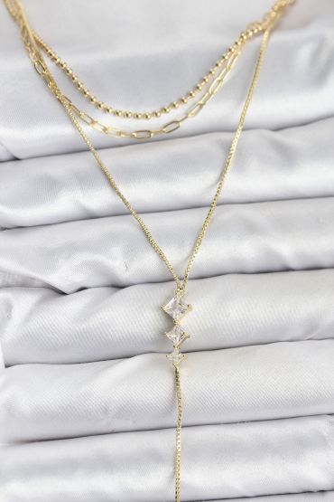 Pirinç Gold Renk Zirkon Taş Detaylı 3'lü Kombin Y Kadın Kolye - TJ-BKO10691