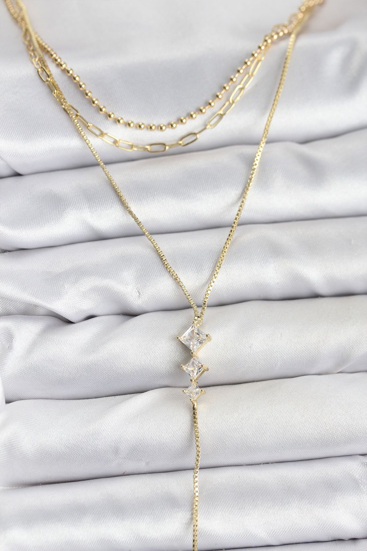 Pirinç Gold Renk Zirkon Taş Detaylı 3'lü Kombin Y Kadın Kolye - TJ-BKO10691