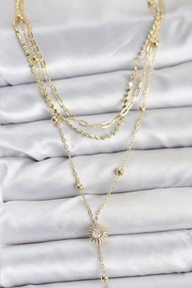 Pirinç Gold Renk Güneş Model Detaylı 3'lü Kombin Y Kadın Kolye - TJ-BKO10692