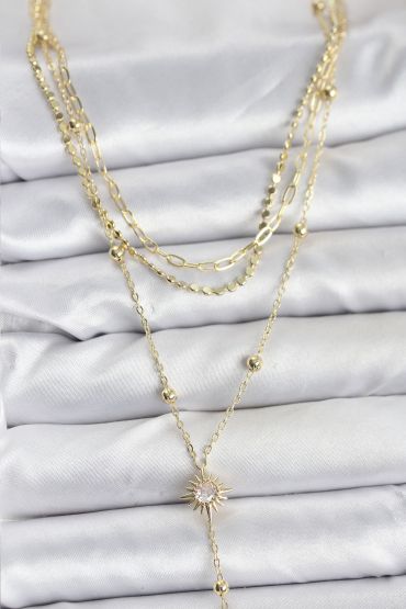 Pirinç Gold Renk Güneş Model Detaylı 3'lü Kombin Y Kadın Kolye - TJ-BKO10692