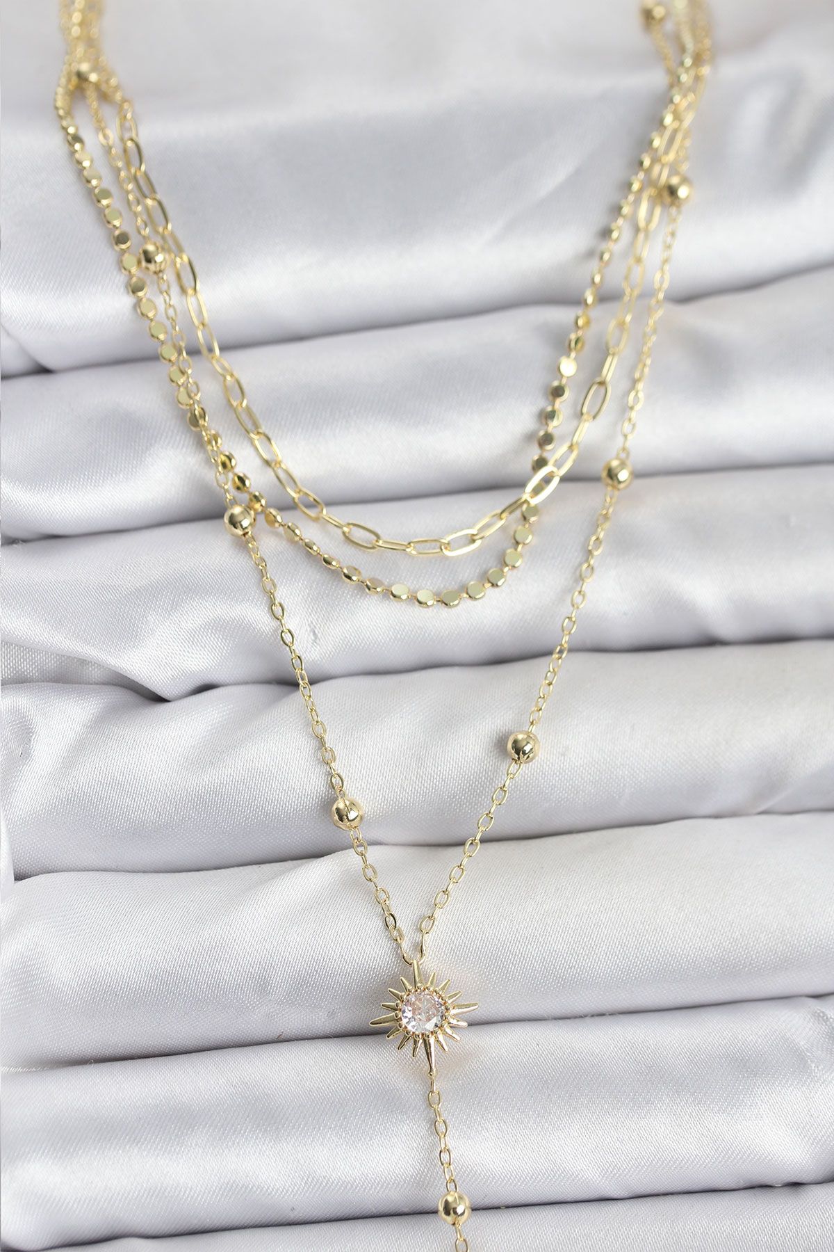 Pirinç Gold Renk Güneş Model Detaylı 3'lü Kombin Y Kadın Kolye - TJ-BKO10692