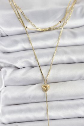 Pirinç Gold Renk Düğüm Model Detaylı 3'lü Kombin Y Kadın Kolye - TJ-BKO10693