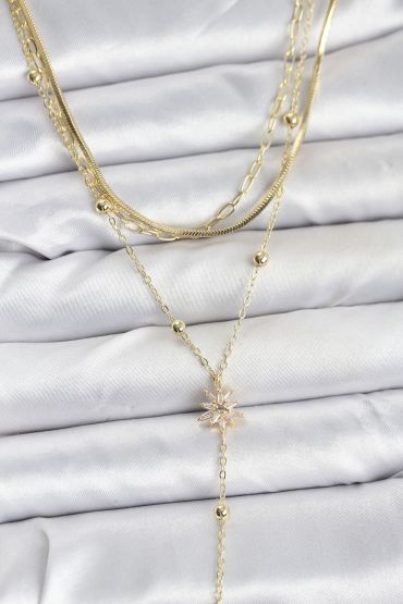 Pirinç Gold Renk Kutup Yıldızı Model Detaylı 3'lü Kombin Y Kadın Kolye - TJ-BKO10694