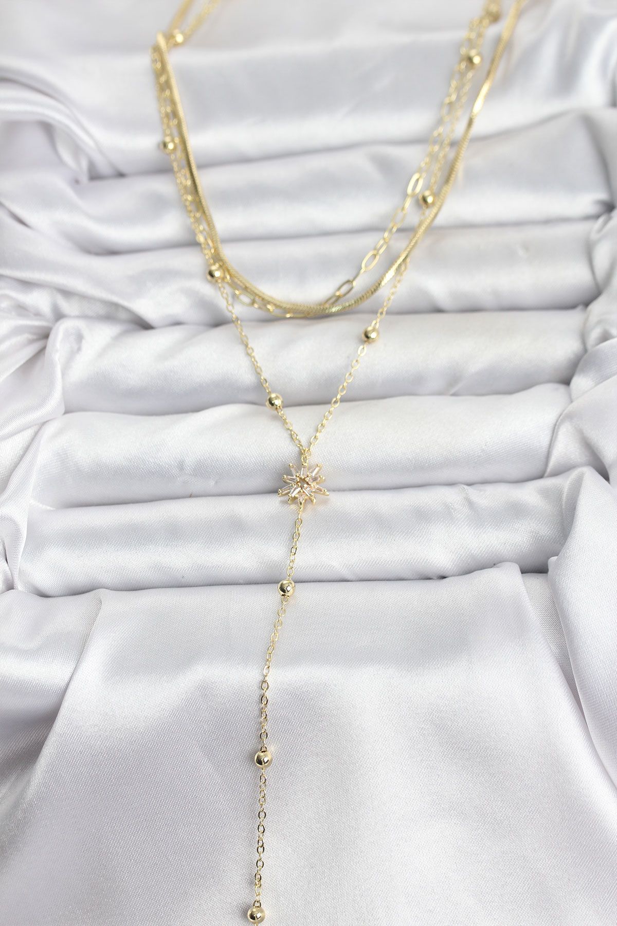 Pirinç Gold Renk Kutup Yıldızı Model Detaylı 3'lü Kombin Y Kadın Kolye - TJ-BKO10694