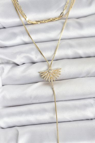 Pirinç Gold Renk Zirkon Taşlı Yelpaze Model Detaylı 3'lü Kombin Y Kadın Kolye - TJ-BKO10695