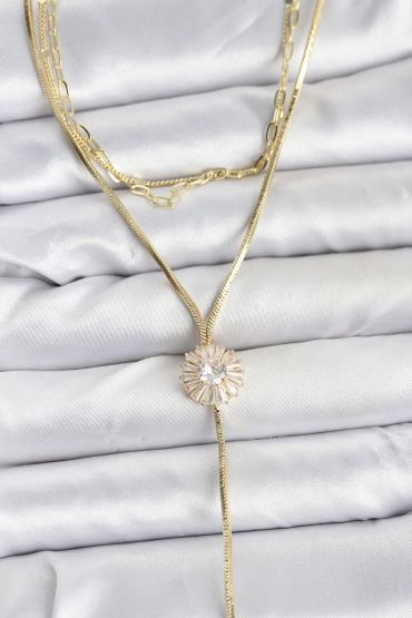 Pirinç Gold Renk Zirkon Taşlı Papatya Model Detaylı 3'lü Kombin Y Kadın Kolye - TJ-BKO10696