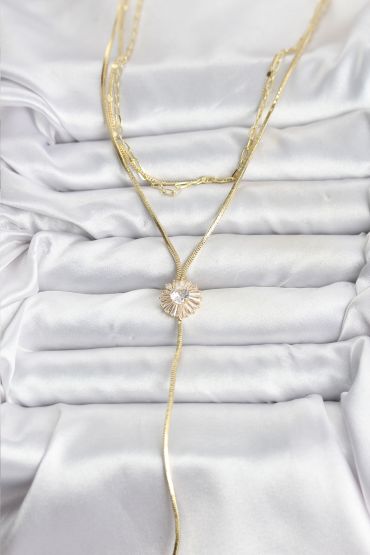 Pirinç Gold Renk Zirkon Taşlı Papatya Model Detaylı 3'lü Kombin Y Kadın Kolye - TJ-BKO10696