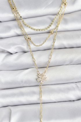 Pirinç Gold Renk Zirkon Taşlı Çiçek Model Detaylı 3'lü Kombin Y Kadın Kolye - TJ-BKO10697