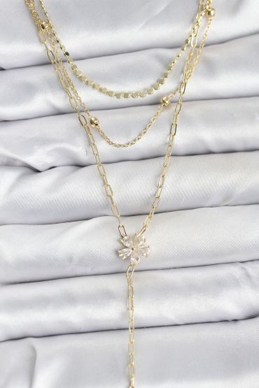 Pirinç Gold Renk Zirkon Taşlı Çiçek Model Detaylı 3'lü Kombin Y Kadın Kolye - TJ-BKO10697