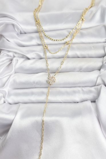 Pirinç Gold Renk Zirkon Taşlı Çiçek Model Detaylı 3'lü Kombin Y Kadın Kolye - TJ-BKO10697