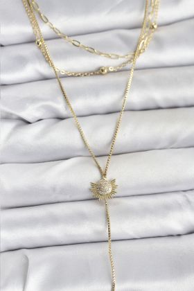 Pirinç Gold Renk Zirkon Taşlı Güneş Model Detaylı 3'lü Kombin Y Kadın Kolye - TJ-BKO10698