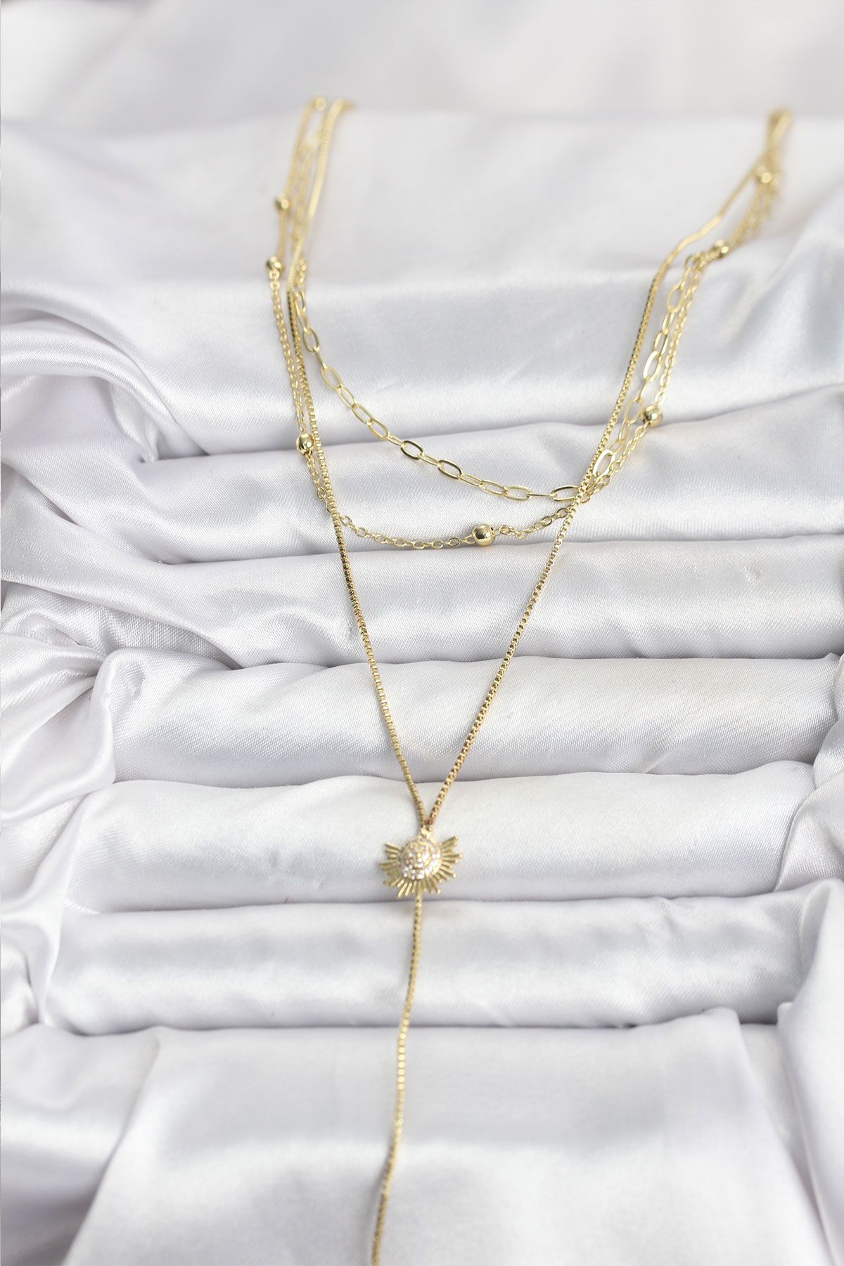 Pirinç Gold Renk Zirkon Taşlı Güneş Model Detaylı 3'lü Kombin Y Kadın Kolye - TJ-BKO10698