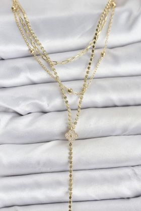 Pirinç Gold Renk Zirkon Taşlı Yonca Model Detaylı 3'lü Kombin Y Kadın Kolye - TJ-BKO10699