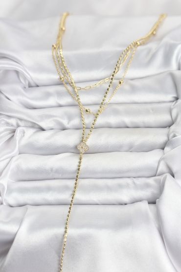 Pirinç Gold Renk Zirkon Taşlı Yonca Model Detaylı 3'lü Kombin Y Kadın Kolye - TJ-BKO10699