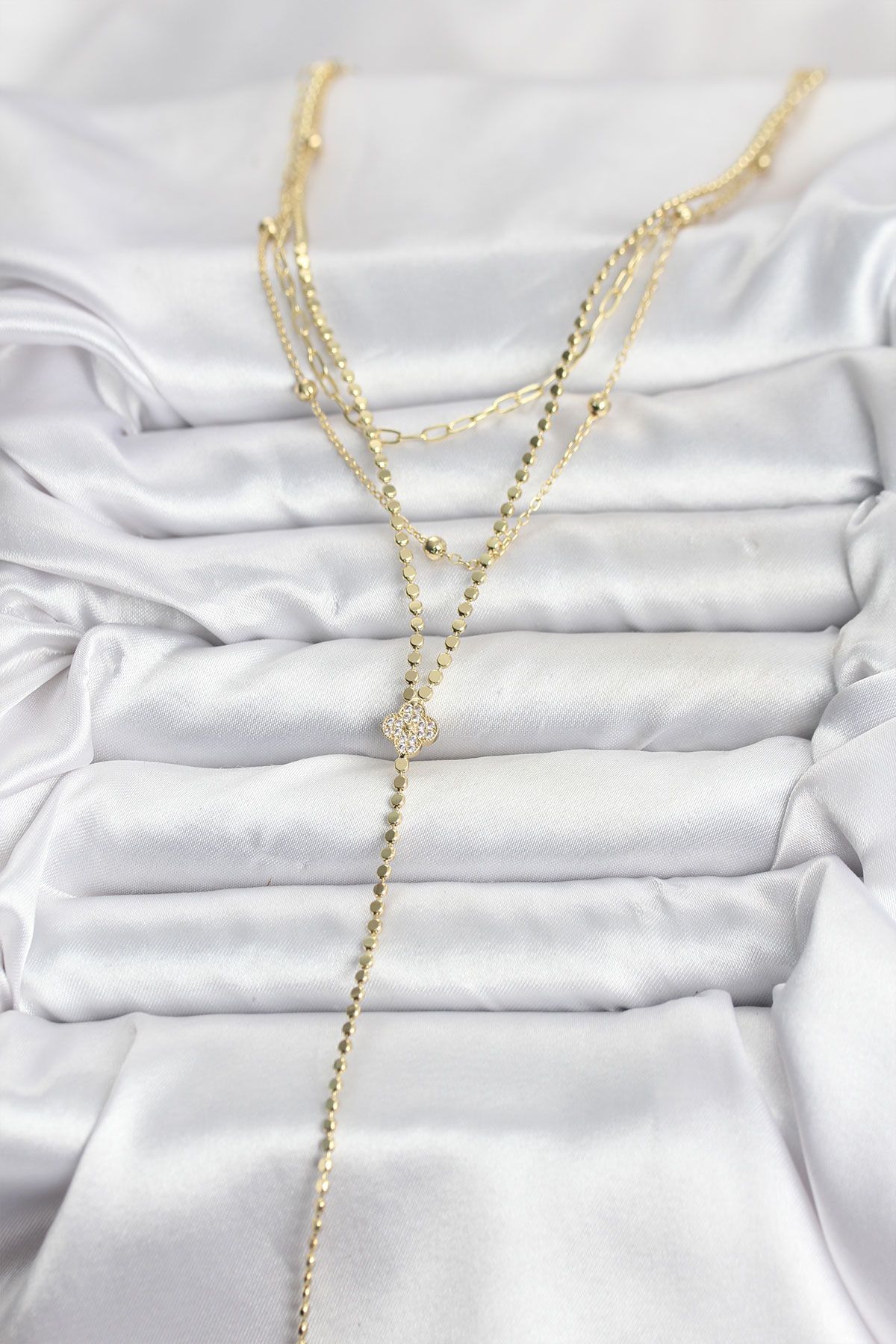 Pirinç Gold Renk Zirkon Taşlı Yonca Model Detaylı 3'lü Kombin Y Kadın Kolye - TJ-BKO10699