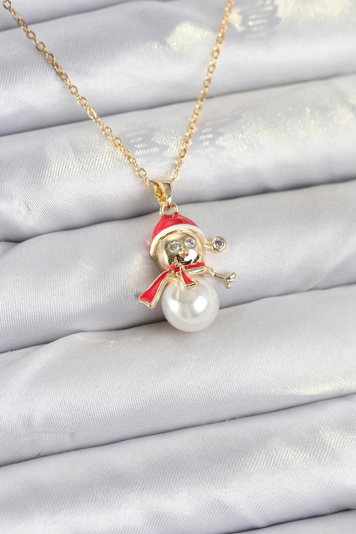 316L Çelik Zincir Gold Renk Kardan Adam Model Yılbaşı Temalı Kadın Kolye - TJ-BKO10702