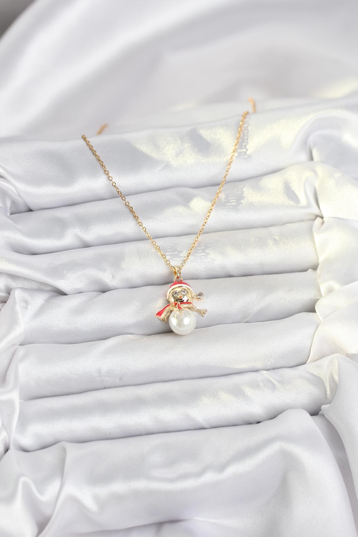 316L Çelik Zincir Gold Renk Kardan Adam Model Yılbaşı Temalı Kadın Kolye - TJ-BKO10702