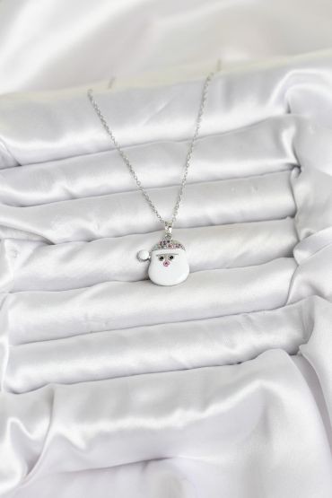 316L Çelik Zincir Gümüş Renk Şapkalı Kardan Adam Kafası Model Yılbaşı Temalı Kadın Kolye - TJ-BKO10705