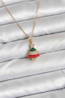 316L Çelik Zincir Gold Ren Çam Ağacı Model Zirkon Taşlı Yılbaşı Temalı Kadın Kolye - TJ-BKO10710