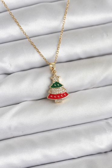 316L Çelik Zincir Gold Ren Çam Ağacı Model Zirkon Taşlı Yılbaşı Temalı Kadın Kolye - TJ-BKO10710