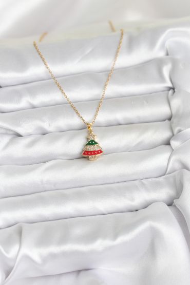 316L Çelik Zincir Gold Ren Çam Ağacı Model Zirkon Taşlı Yılbaşı Temalı Kadın Kolye - TJ-BKO10710