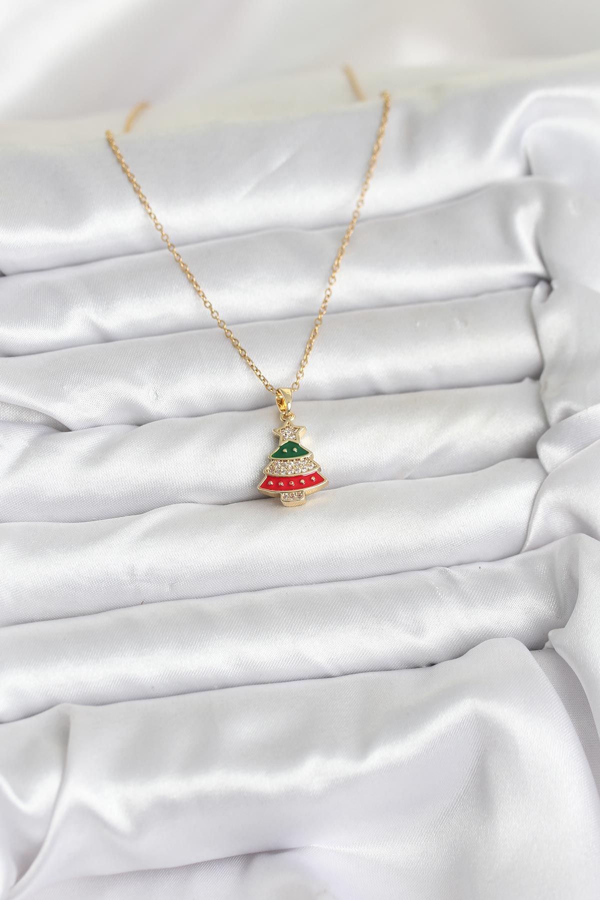 316L Çelik Zincir Gold Ren Çam Ağacı Model Zirkon Taşlı Yılbaşı Temalı Kadın Kolye - TJ-BKO10710