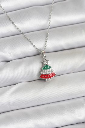 316L Çelik Zincir Gümüş Ren Çam Ağacı Model Zirkon Taşlı Yılbaşı Temalı Kadın Kolye - TJ-BKO10711