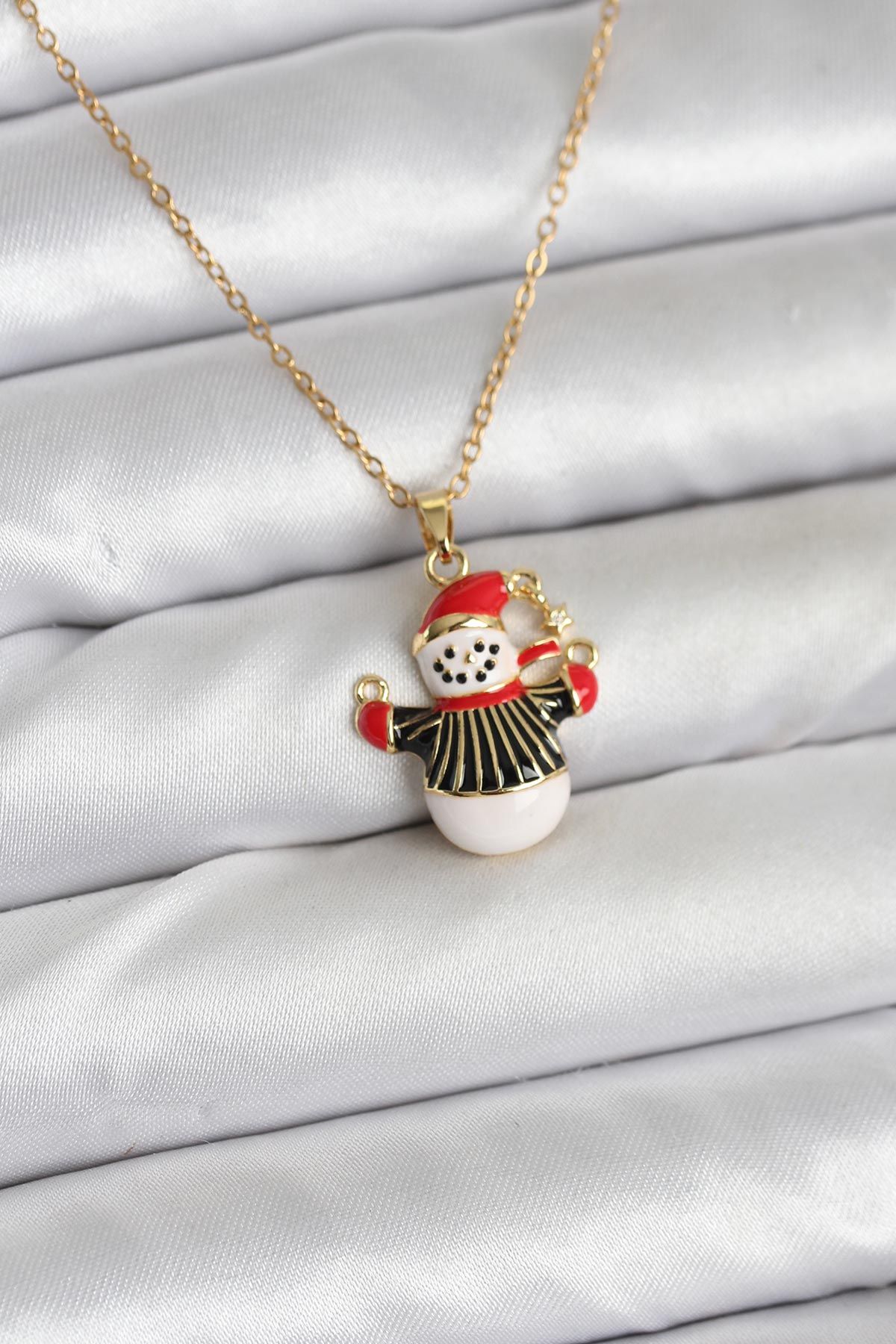 316L Çelik Zincir Gold Renk Kardan Adam Figürlü Yılbaşı Temalı Kadın Kolye - TJ-BKO10712