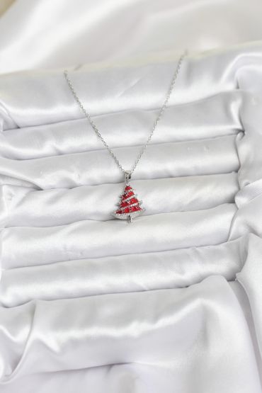 316L Çelik Zincir Gümüş Renk Kırmızı Çam Ağacı Model Yılbaşı Temalı Kadın Kolye - TJ-BKO10715