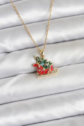 316L Çelik Zincir Gold Renk Kızak ve Çam Ağacı Figürlü Yılbaşı Temalı Kadın Kolye - TJ-BKO10716