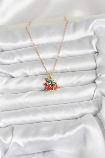 316L Çelik Zincir Gold Renk Kızak ve Çam Ağacı Figürlü Yılbaşı Temalı Kadın Kolye - TJ-BKO10716