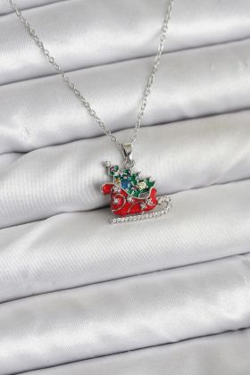 316L Çelik Zincir Gümüş Renk Kızak ve Çam Ağacı Figürlü Yılbaşı Temalı Kadın Kolye - TJ-BKO10717