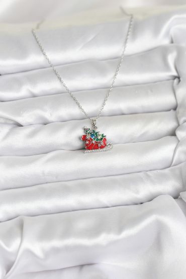 316L Çelik Zincir Gümüş Renk Kızak ve Çam Ağacı Figürlü Yılbaşı Temalı Kadın Kolye - TJ-BKO10717