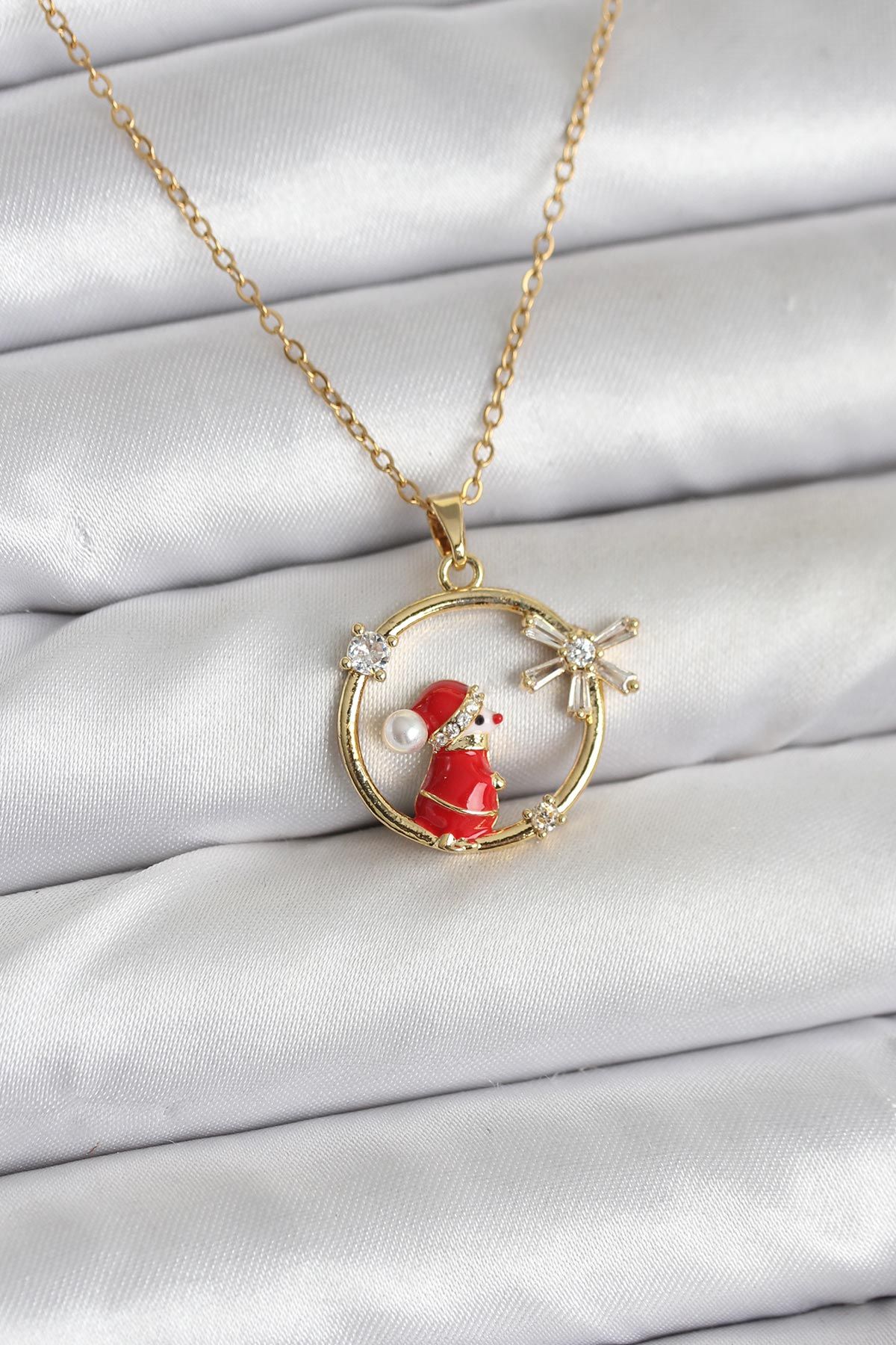 316L Çelik Zincir Gold Zirkon Taşlı Yılbaşı Tema Kadın Kolye - TJ-BKO10718