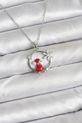 316L Çelik Zincir Gümüş Zirkon Taşlı Yılbaşı Tema Kadın Kolye - TJ-BKO10719